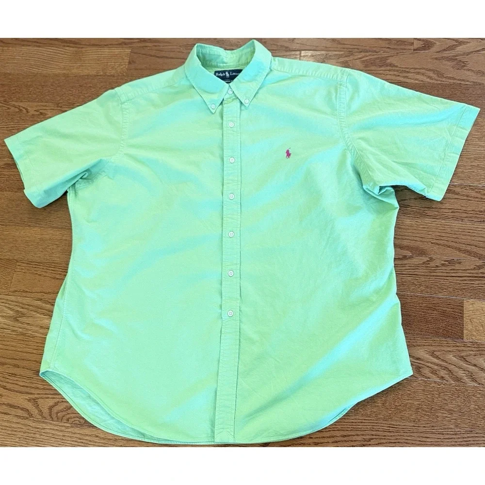 Ralph Lauren Mens XXL Lime Green Short Sleeve Oxford Button Down Pony Logo Shirt